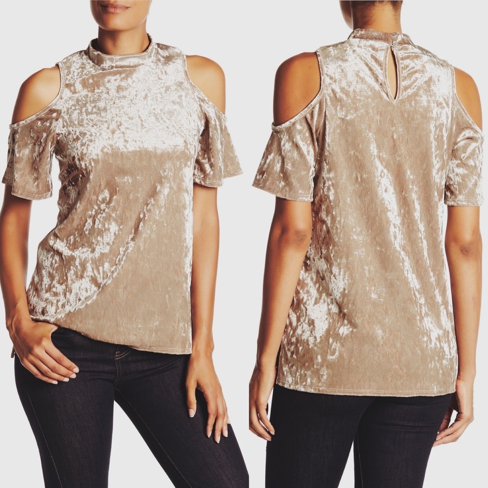Ro & De Velvet Cold‎ Shoulder Mock Neck Tee